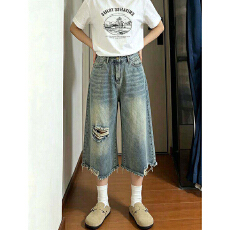 批发慵懒风破洞七分牛仔裤<b class='q'>女</b>春夏季新款高腰宽松时尚直筒七分牛仔裤潮