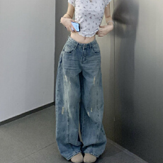 批发ins韩版潮流通勤阔腿牛仔裤女春秋新款<b class='q'>高腰</b>时尚宽松拖地牛仔裤