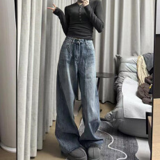批发嘻哈设计感阔腿牛仔裤女春秋季新款高腰时尚水洗爆款拖地牛仔裤潮
