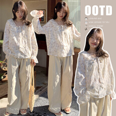 批发<b class='q'>孕妇</b><b class='q'>荷叶领</b>绑带长袖印花衬衫2026春夏新款宽松气质衬衣+裤子套装