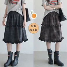 批发孕妇<b class='q'>春</b>夏复古格子木耳边A字半身裙中长裙小个子高腰显瘦花苞裙