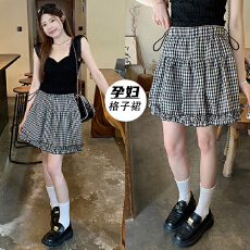 批发现 孕妇复古黑格子木耳花边半身裙夏季<b class='q'>百搭</b>小个子防走光a字短裙