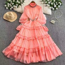 批发高端立领镶钻长袖木耳边大摆蛋糕<b class='q'>裙</b>甜美风气质<b class='q'>礼服</b>连衣<b class='q'>裙</b>优雅长<b class='q'>裙</b>