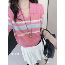 批发<b class='q'>翻领</b>短袖针织衫女欧洲站新款时尚百搭宽松显瘦条纹设计感小众上衣