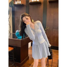 批发JAMUUS奶蓝色坑条蝴蝶结针织开衫女喇叭袖<b class='q'>甜美</b>显瘦百褶短裙套装