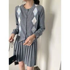 批发2025新款韩系学院风菱格针织开衫女秋季穿搭两件套百褶半身短裙
