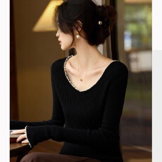 批发百家好黑色喇叭袖珍珠镶边v领针织打底衫<b class='q'>毛衣</b>女秋季