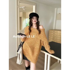 批发实体档口2025秋季慵懒风翻领一字肩套头<b class='q'>毛衣</b>小众独特别致针织衫潮