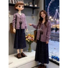 批发巨好看的<b class='q'>紫色</b>针织开衫毛衣外套搭碎花半身<b class='q'>连衣裙</b>女2025新款一整套