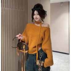 秋冬新款时尚气质百搭韩系慵懒风飘带针织上衣女