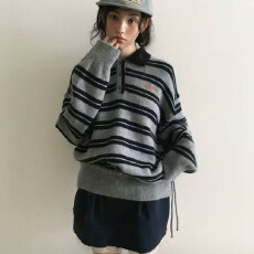 批发韩国东大门新款条纹拼色翻领长袖针织衫套头上衣毛衣2025<b class='q'>女装</b>秋冬
