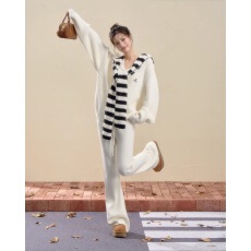 批发休闲宽松针织毛衣套装女韩系上衣+撞色披肩秋季两件套