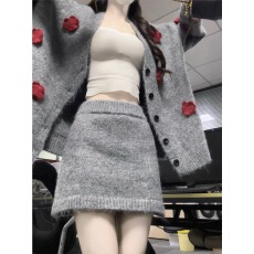 批发韩系一整套ootd穿搭休闲风复古灰色针织开衫a字短裙两件套装25<b class='q'>冬</b>