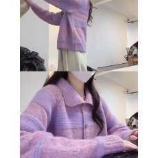 批发<b class='q'>高级</b>感紫色软糯单排扣翻领毛衣开衫外套女2025新款春季多巴胺上衣