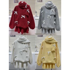 批发圣诞新年红2025新款毛衣蝴蝶慵懒宽松<b class='q'>甜美</b>上衣+短裙+围巾三件套