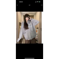 慵懒松弛感复古印花连帽针织开衫女秋冬宽松显瘦毛衣外套