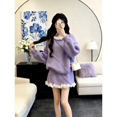 批发甜美气质紫色毛绒针织<b class='q'>套装</b>女秋冬季慵懒风蕾丝边毛衣半身裙两件套