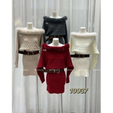 批发纯欲风性感气质麻花露肩长袖毛毛拼接连衣裙女秋<b class='q'>冬</b>收腰显瘦包臀裙