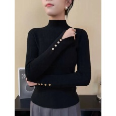 批发氛围感穿搭半高领上衣女2025秋季新款显瘦百搭金属袖口打底<b class='q'>针织</b>衫