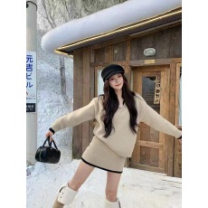 批发<b class='q'>韩版</b>撞色拼接翻领套头毛衣高腰半身裙两件套女秋季巨好看针织套装