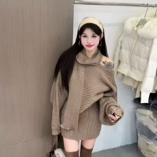 批发新款韩版时尚甜辣气质针织围脖+露肩毛衣＋高腰短裙3件套
