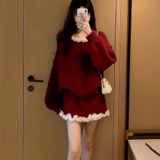 批发慵懒风藏青色毛衣套装女新款秋冬穿搭花边领针织上衣<b class='q'>短裙</b>两件套