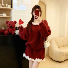 批发圣诞氛围感穿搭红色针织花边领上衣短裙两件套