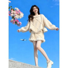 批发韩系温柔风针织套装女秋冬新款杏色毛衣高腰半身裙显瘦穿搭一整套