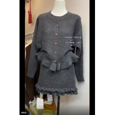 批发韩系荷叶边毛衣开衫外套女<b class='q'>秋</b>冬两件套高腰花边半身短裙