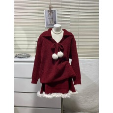 批发<b class='q'>甜美</b>红色毛球翻领套装裙秋冬季针织衫半身裙两件套