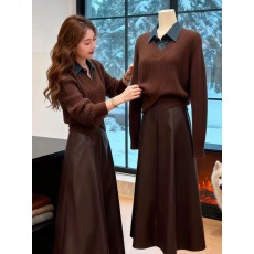 批发秋季气质一整套穿搭欧货复古牛仔领拼接假两件毛衣高腰<b class='q'>半身裙</b>套装