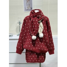 红色波点裙子套装女韩系一整套深冬穿搭加厚围脖毛衣半身裙两件套