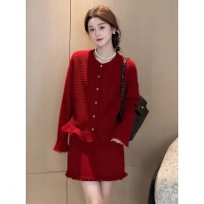 批发韩系红色气质千金感荷叶边毛衣开衫女秋冬两件套高腰花边半身短裙