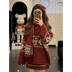 批发法式复古气质提花新年红色毛衣短裙女装2026春季新款休闲针织套装