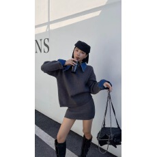 批发牛仔拼接假两件毛衣女欧洲站秋<b class='q'>冬</b>2025新款宽松翻领时尚百搭两件套