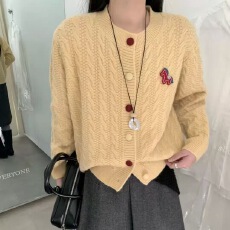 批发韩系麻花小马长袖<b class='q'>针织</b>开衫女秋季新款休闲宽松显瘦百搭圆领外套