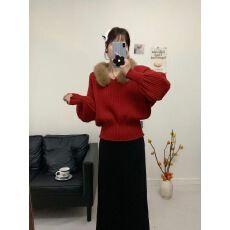 批发毛毛拼接V领毛衣女秋冬氛围感穿搭收腰短款慵懒灯笼长袖针织