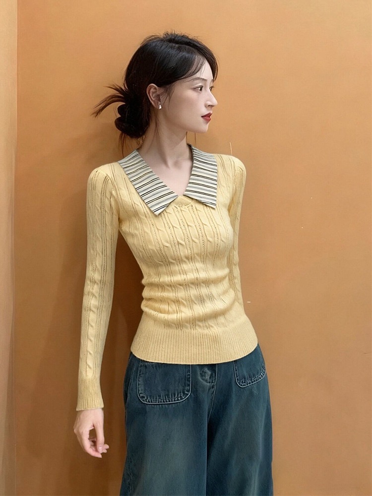 BY36179# 黄色polo衫翻领高级感针织衫女冬装超好看打底衫短款毛衣内搭上衣 服裝批發女裝批發服飾貨源