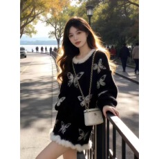 批发小个子秋冬温柔风套装女高级感蝴蝶结减龄显瘦针织毛衣短裙两件套