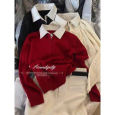 批发韩系<b class='q'>衬衫</b>领拼接针织羊毛衫<b class='q'>假两件</b>上衣宽松百搭女2025欧货