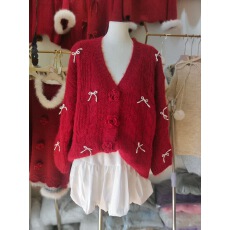 批发过年必备立体花朵珍珠蝴蝶结<b class='q'>针织衫</b>女慵懒显瘦宽松<b class='q'>开衫</b>外套