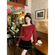 法式温柔风蝴蝶结一字肩钉珠针织衫女秋冬时尚气质百搭打底衫上衣