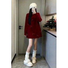 批发冬季新款圣诞新年氛围感立体蝴蝶结圆领针织衫女时尚气质百搭上衣