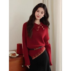 批发新年红色翻领毛衣女秋冬穿搭<b class='q'>不规则</b><b class='q'>针织衫</b>宽松显瘦氛围感保暖上衣