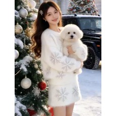 批发巨好看的一整套深冬<b class='q'>甜美</b>毛衣套装女2026新款雪花针织衫短裙两件套