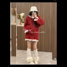 批发秋冬新款立体手工花蕾丝宽松慵懒针织<b class='q'>上衣</b>+可调节带短裙孕妈套装