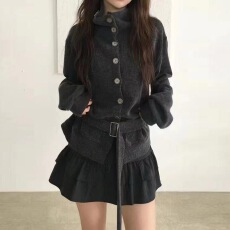 批发设计感收腰绑带小高领<b class='q'>针织</b>衫毛衣<b class='q'>长款</b>女秋冬上衣纽扣<b class='q'>开衫</b>宽松外套