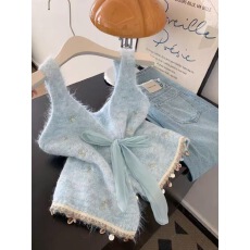 温柔风蓝色蝴蝶结针织背心2025韩系新款亮片针织无袖马甲