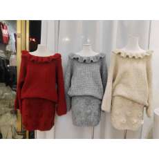 批发韩版秋<b class='q'>冬</b>慵懒风针织套装荷叶边毛衣立体花朵半身裙气质两件套