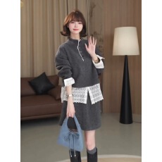 批发巨好看春装一整套裙韩系慵懒风蕾丝拼接毛呢卫衣加厚半身裙两件套